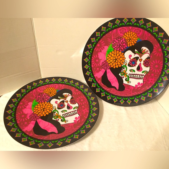 2 Day of the Dead Sugar Skull Halloween Platter - Dia De Los Muertos - Picture 1 of 4